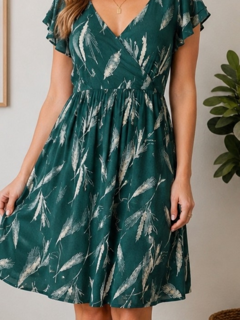 ModCloth Green Feather Print Fit & Flare Dress XL Boho Cottagecore